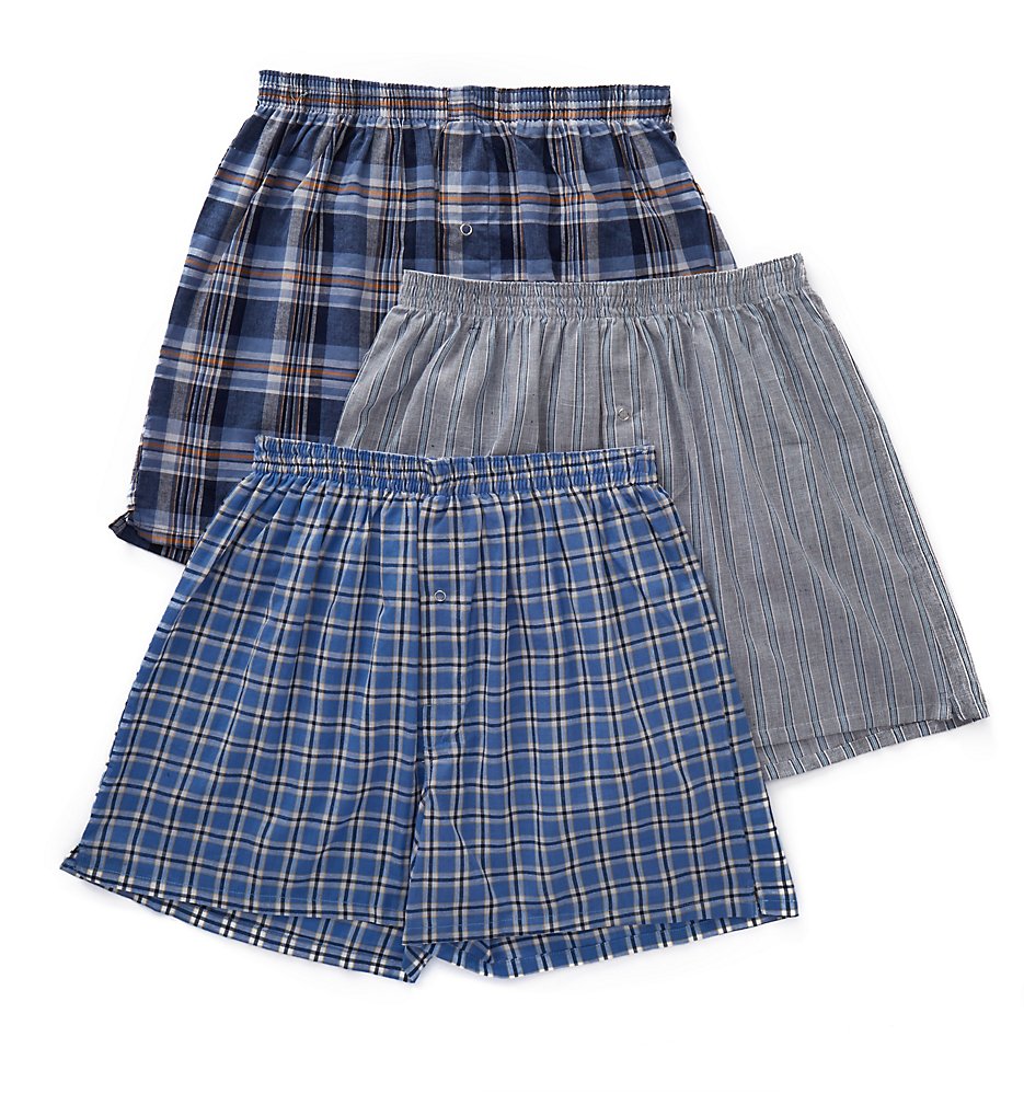 Munsingwear 572CB Gripper Fly Snap Woven Boxer - 3 Pack (Blue Plaid Assort)