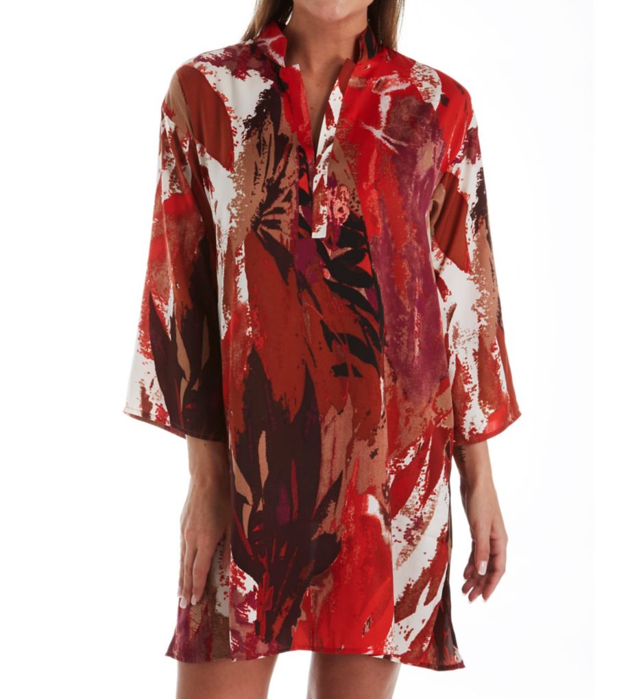 Abstract Palm Printed Silky Satin Sleepshirt-fs