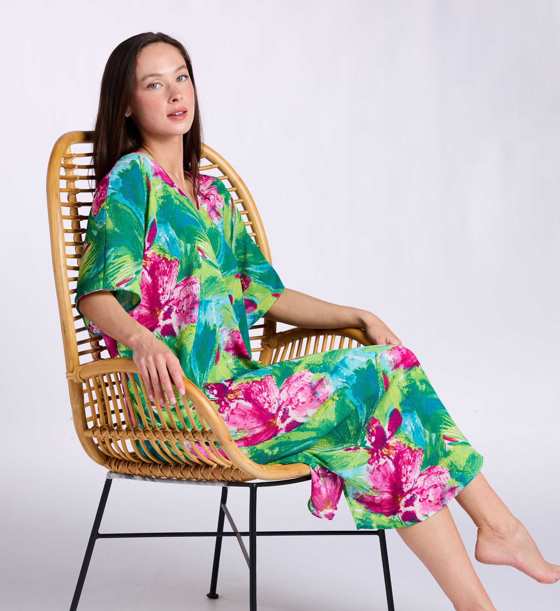 N by Natori Women's Tropic Crinkle Caftan in Green Multi | Size: Small | HerRoom.com