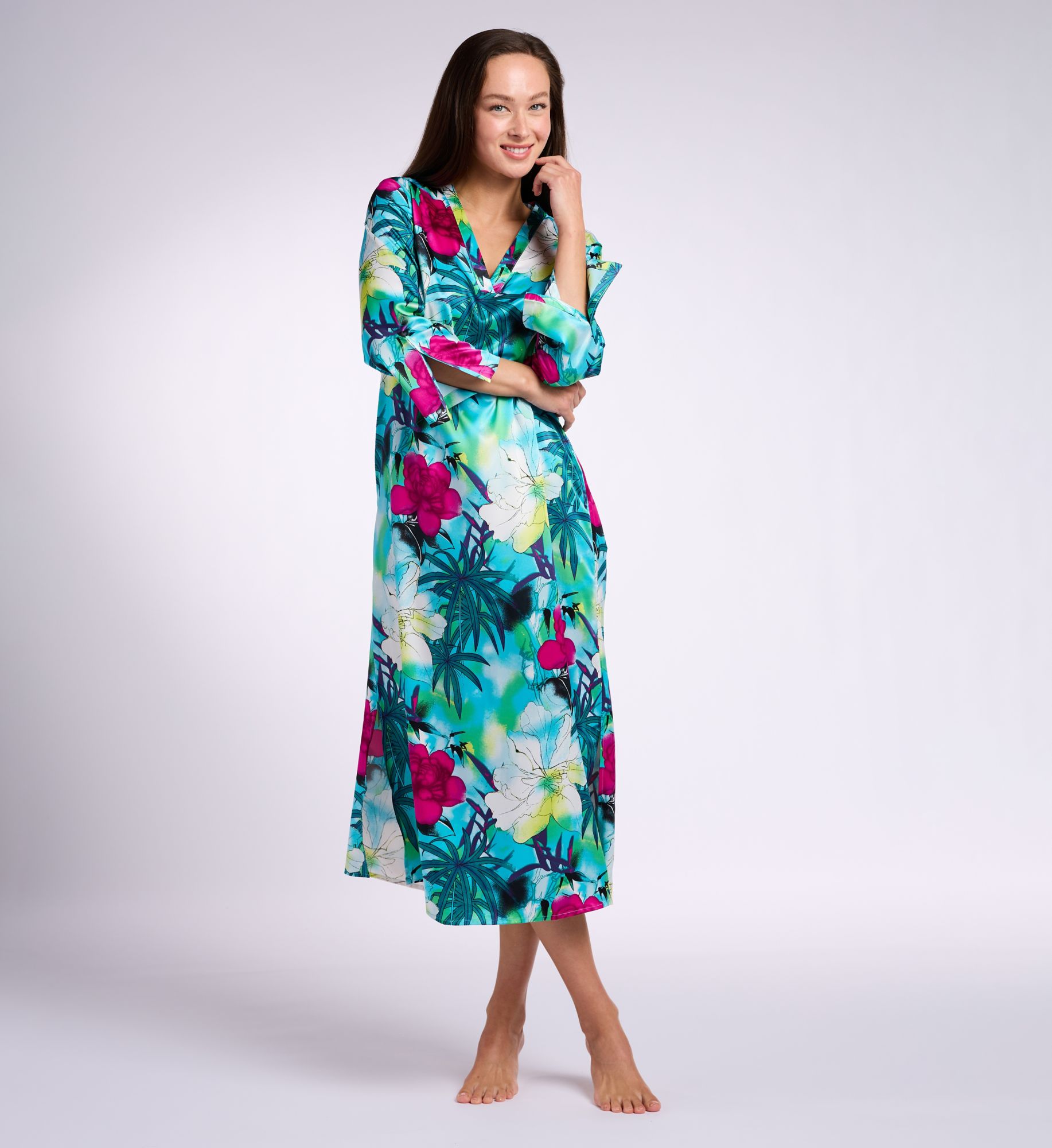 N by Natori Women's Viva Printed Satin Caftan in Tea | Size: Medium | HerRoom.com
