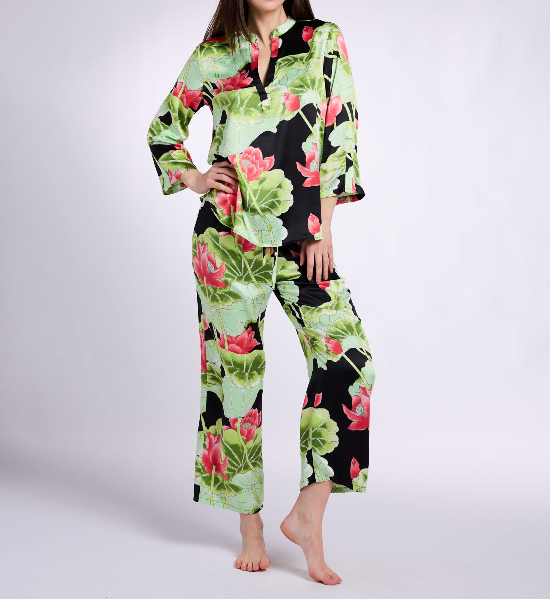 N by Natori Ascendant Lotus Printed Satin Mandarin PJ Set XC6034 - Image 1