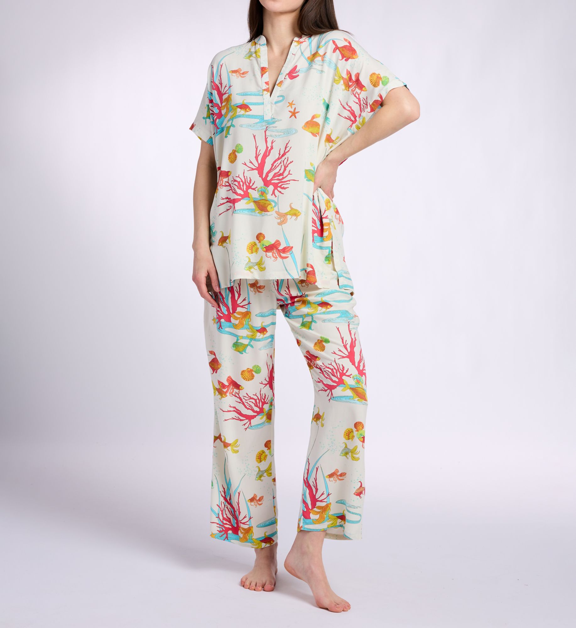 N by Natori Oceans Embrace Printed Challis Mandarin PJ Set XC6049 - Image 1