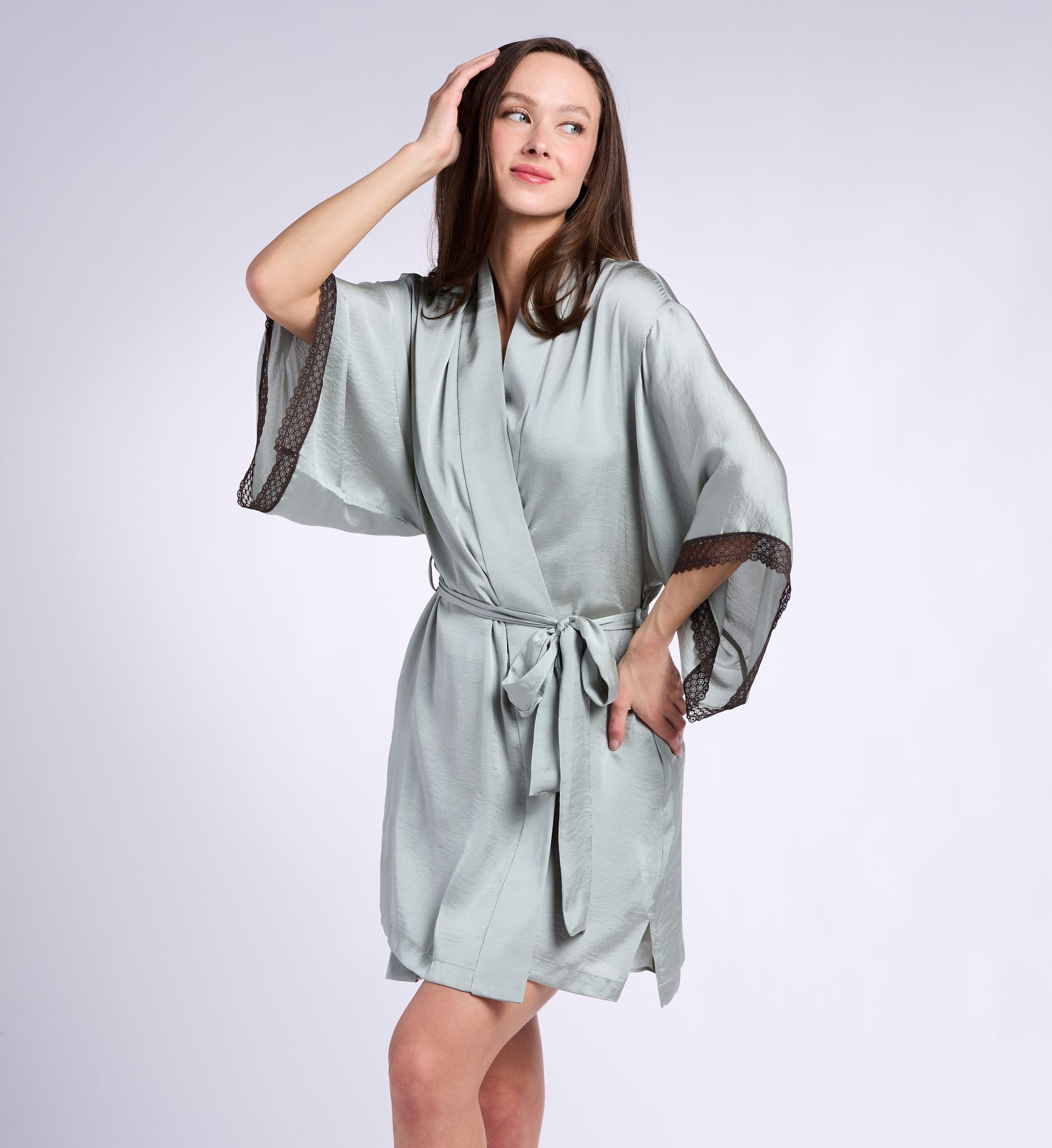 Natori Women's Ashley Washed Satin 36 Wrap in Celadon | Size: Medium | HerRoom.com