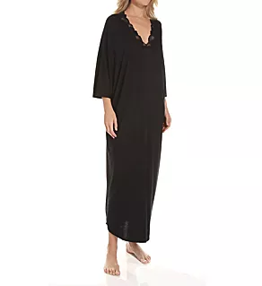 Zen Floral Lace Trim Long Caftan black w/black lace S