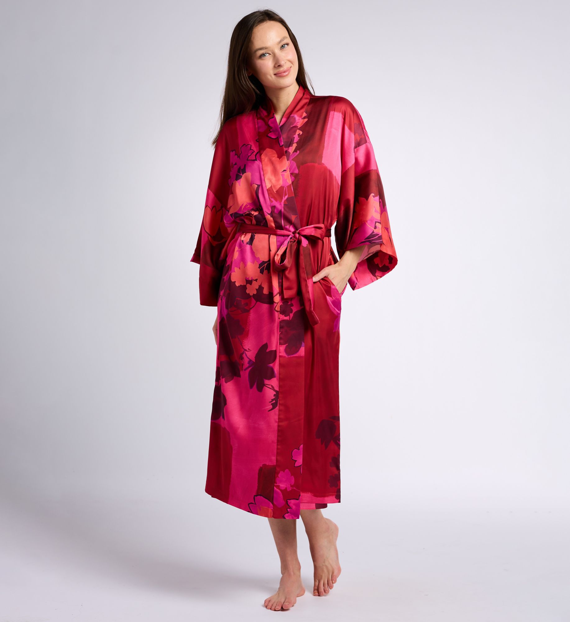 Natori Women's Coromandel Stretch Satin Kimono Robe in Magenta | Size: XL | HerRoom.com