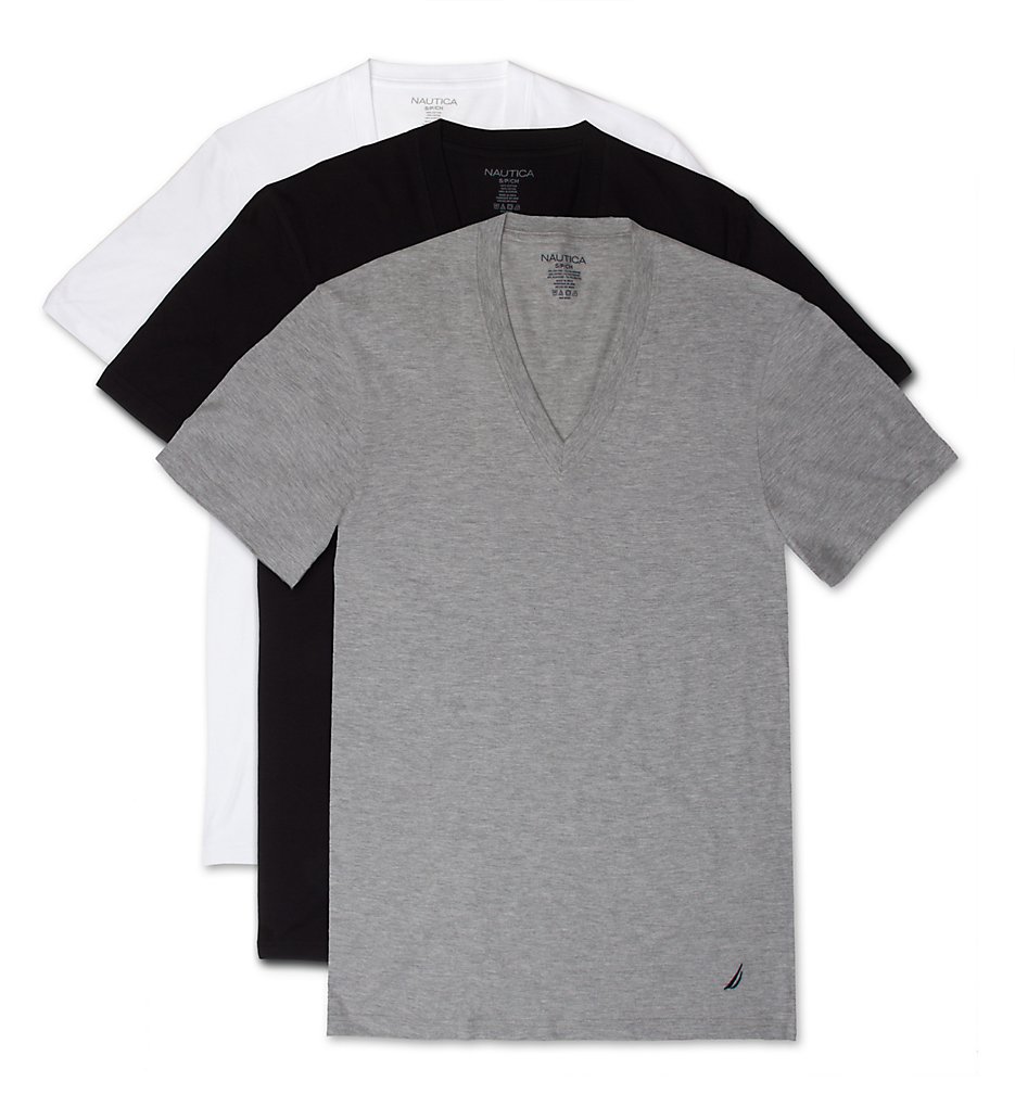 Nautica X60310 Cotton V-Neck T-Shirt - 3 Pack (White/Black/Grey)