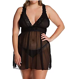 Plus Nora Mesh and Lace Empire Babydoll with Thong Black 3X-4X