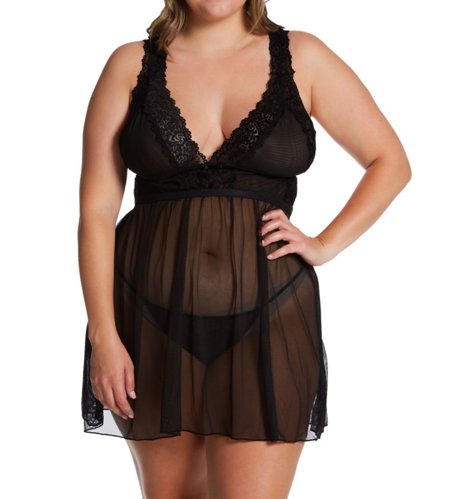 Plus Nora Mesh and Lace Empire Babydoll with Thong-gs