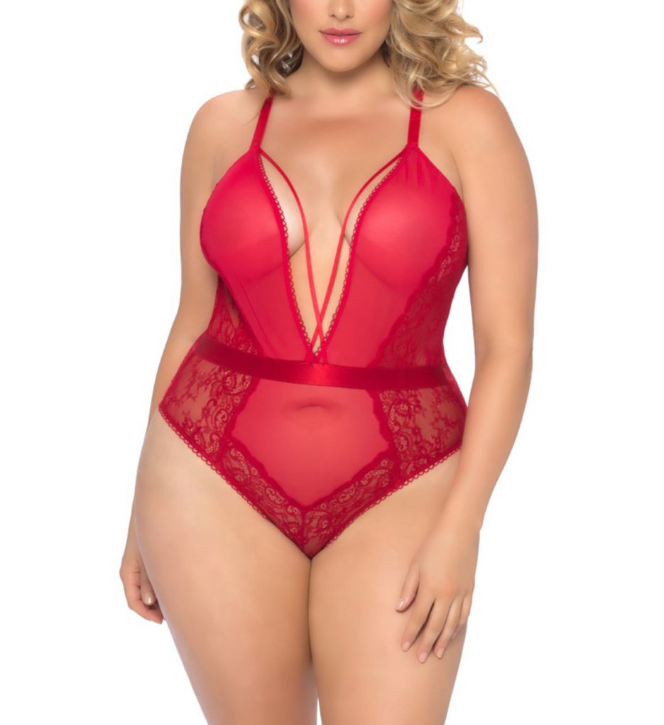 Viviane V Plunge Lace Teddy with Strap Detail-cs2