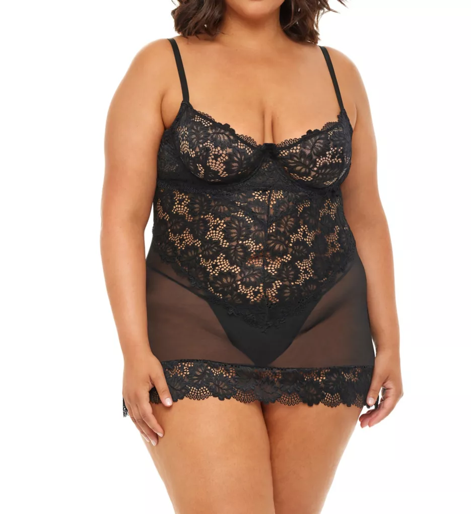 Plus Page Unlined Lace Cup Chemise with G-String Black 3X