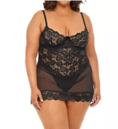 Plus Page Unlined Lace Cup Chemise with G-String Black 3X