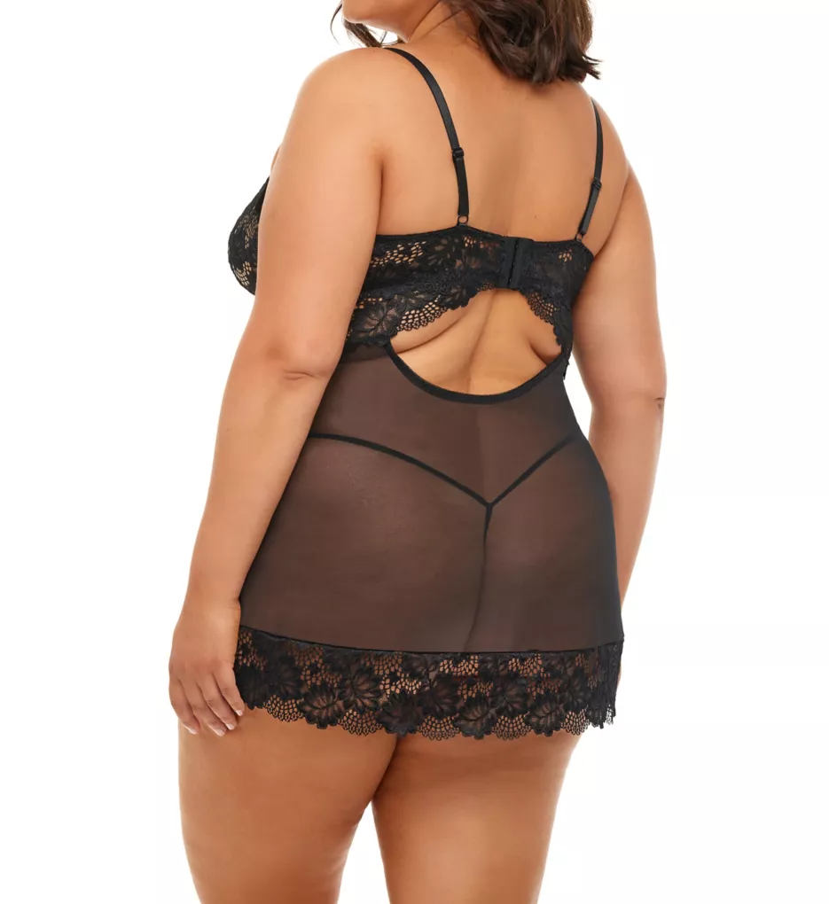 Plus Page Unlined Lace Cup Chemise with G-String Black 3X