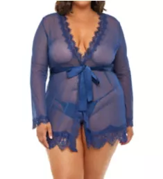 Plus Provence Eyelash Robe and G-String Set Blue/Navy 1X-2X