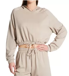 Cinch Drawstring Crop Fleece Hoodie Taupe S/M