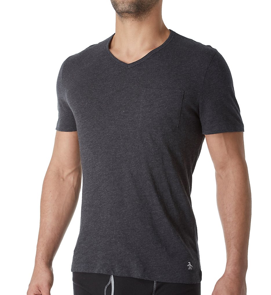 Original Penguin OPKB022 Bing Short Sleeve V-Neck Shirt (Dark Charcoal Heather)