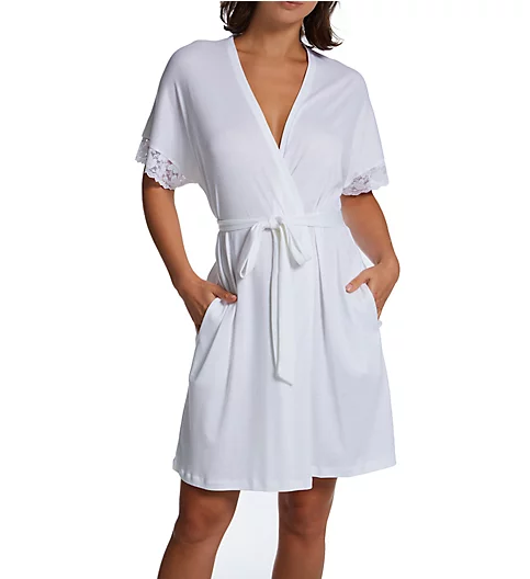 P-Jamas Pima Cotton Silky Ribs Short Wrap Robe with Lace 347709