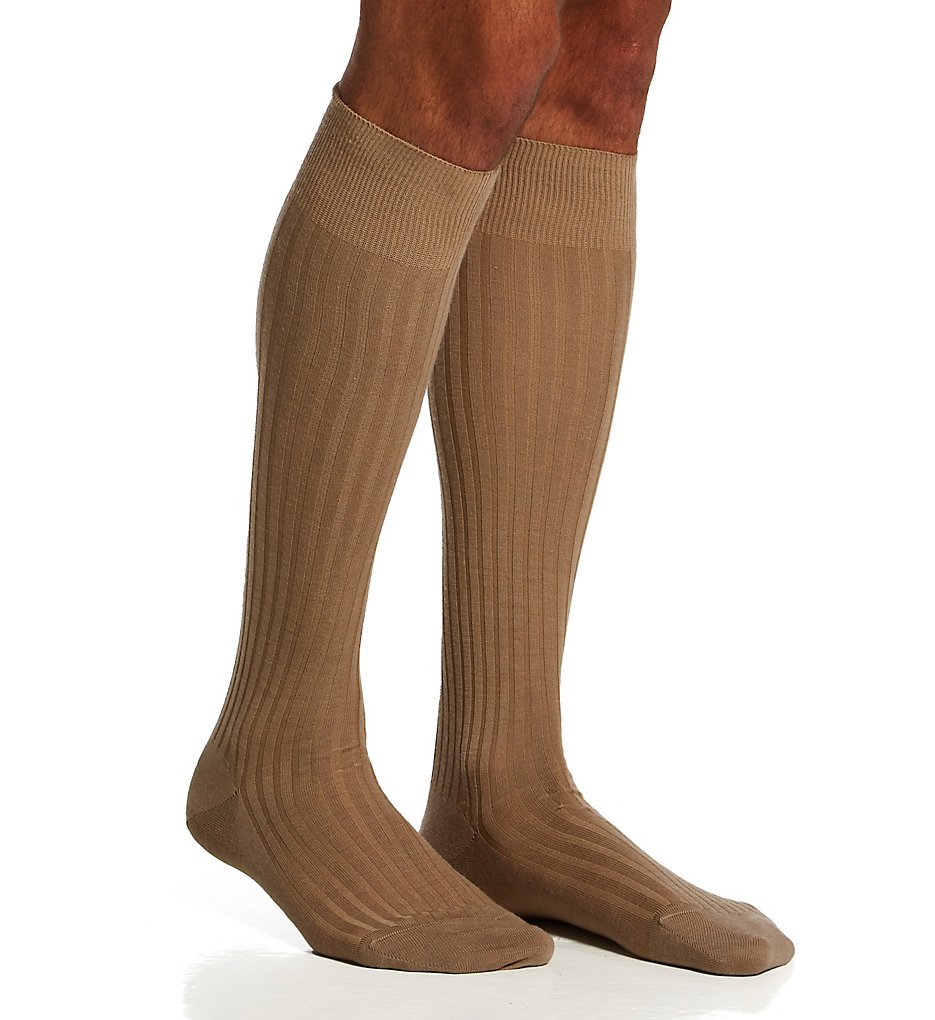 Pantherella 6796 Over The Calf Merino Wool Ribbed Socks (Light Khaki)