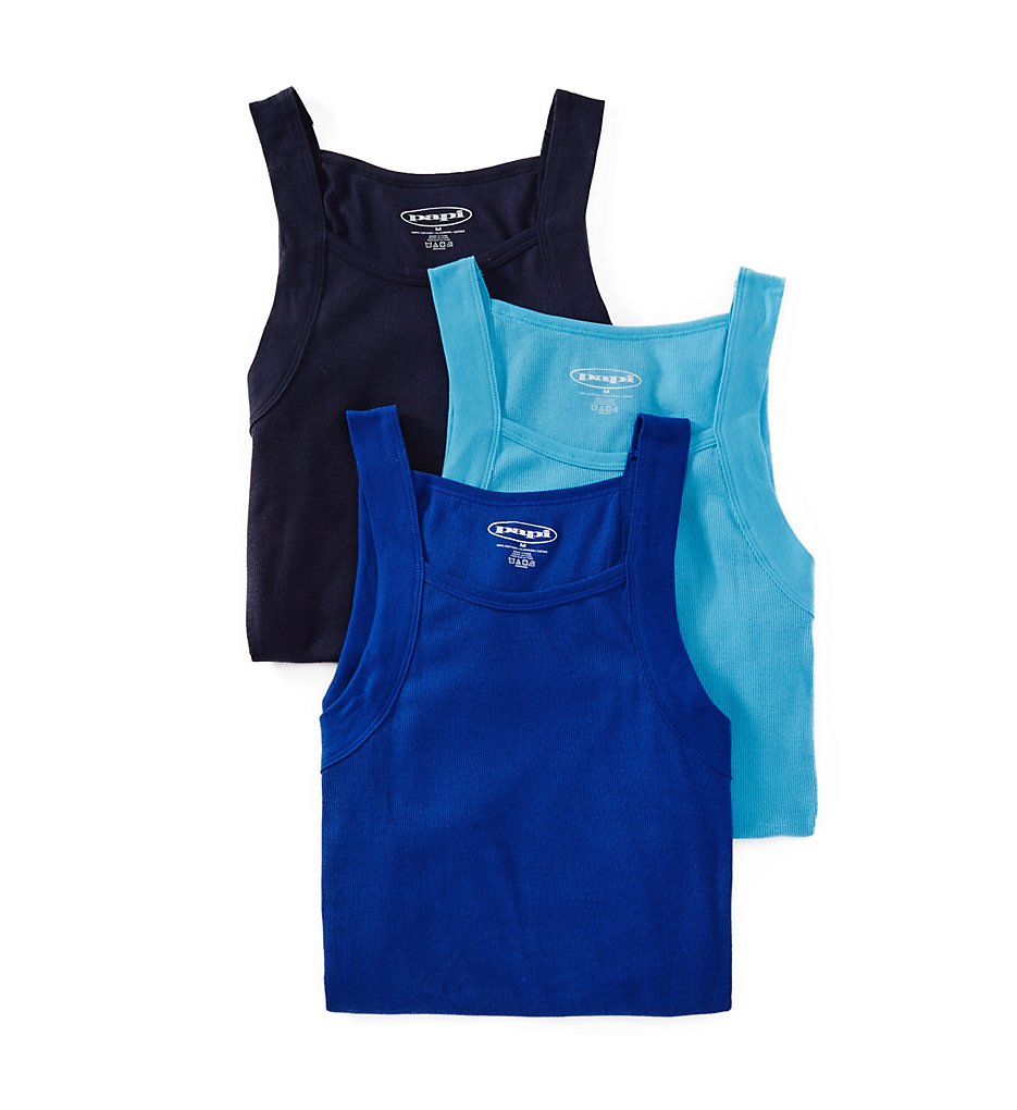 Papi 559102 Essentials 100% Cotton Square Neck Tank - 3 Pack (Assort Blue)