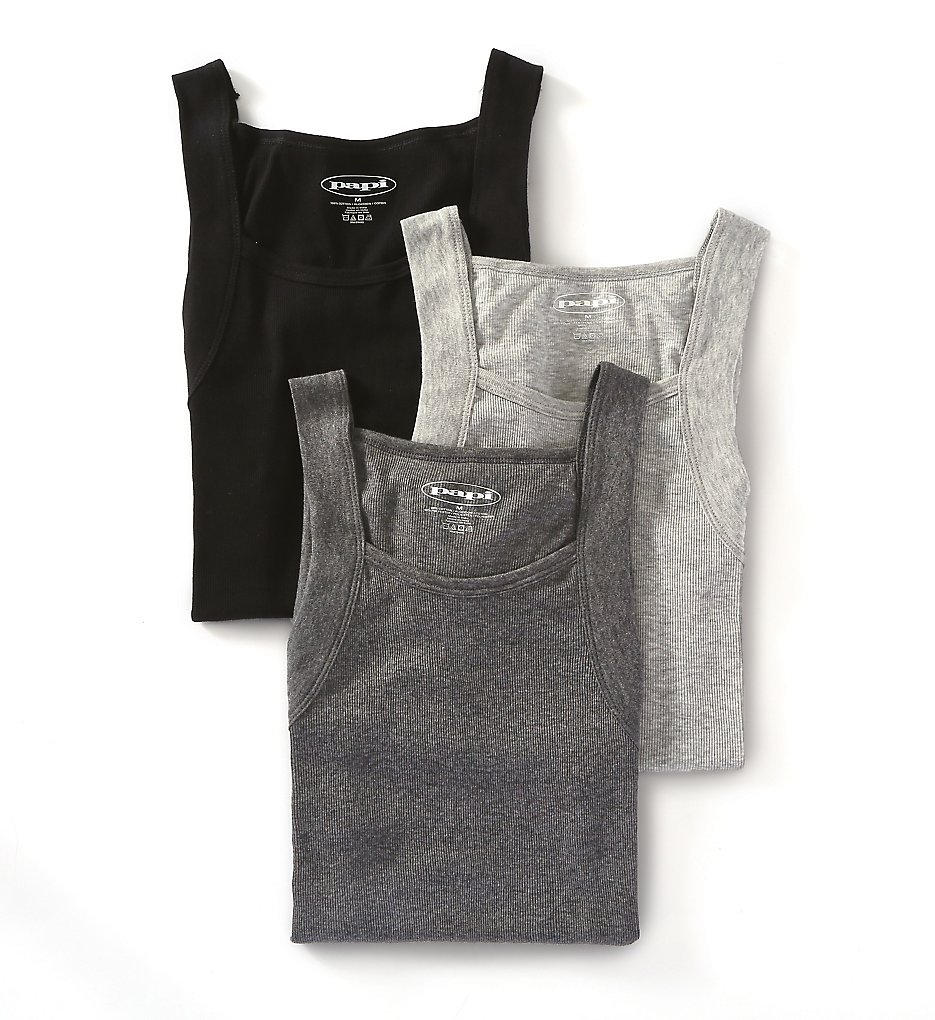 Papi 559102 Essentials 100% Cotton Square Neck Tank - 3 Pack (Black/Grey Assorted)