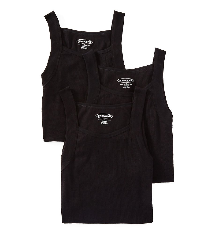 Papi 559102 Essentials 100% Cotton Square Neck Tank - 3 Pack (Black)