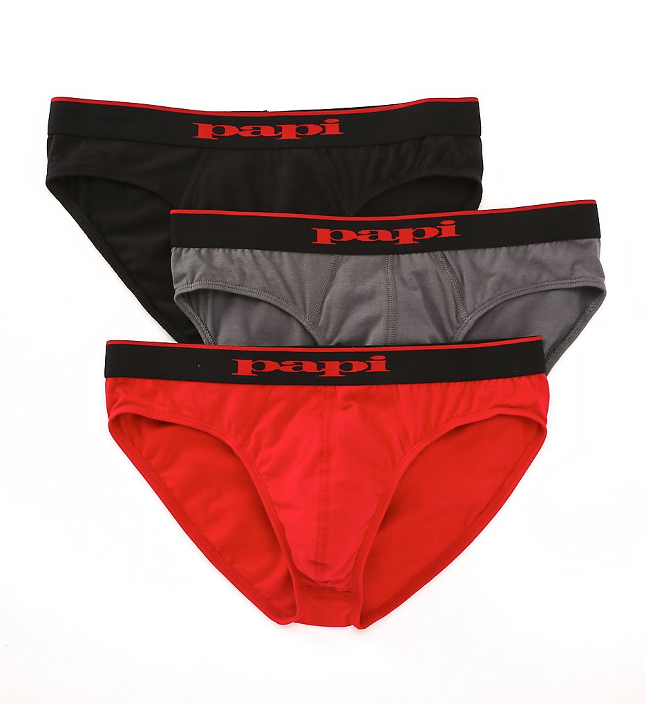 Papi 980403 Essentials Cotton Stretch Low Rise Briefs - 3 Pack (Red/Black/Grey)