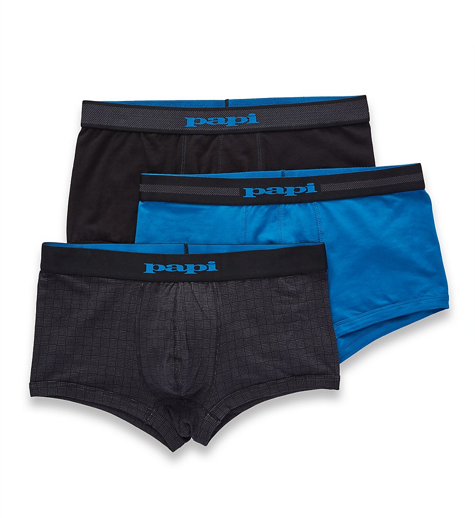 Papi 980531 Azteca Cotton Stretch Brazilian Trunks - 3 Pack (Grey Print/Blue/Black)