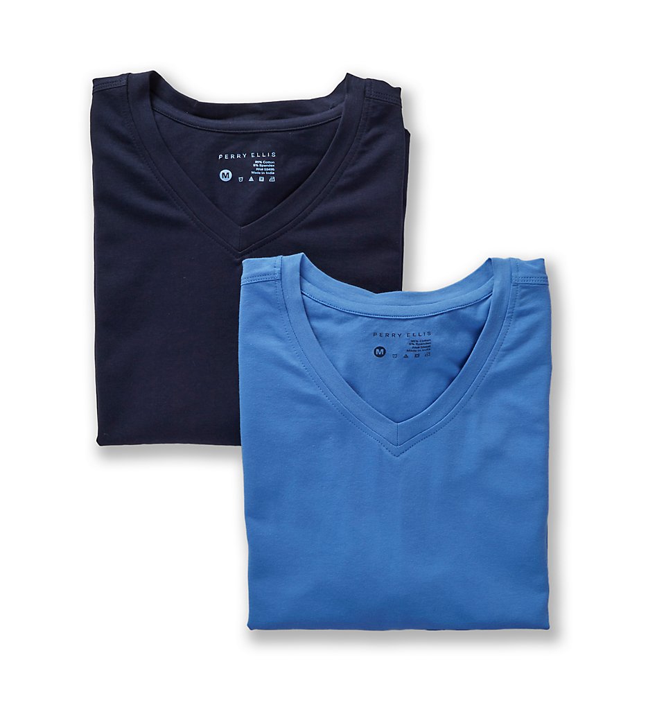 Perry Ellis 210002 Conformity Cotton Stretch V-Neck T Shirts - 2 Pack (Blue Assort)