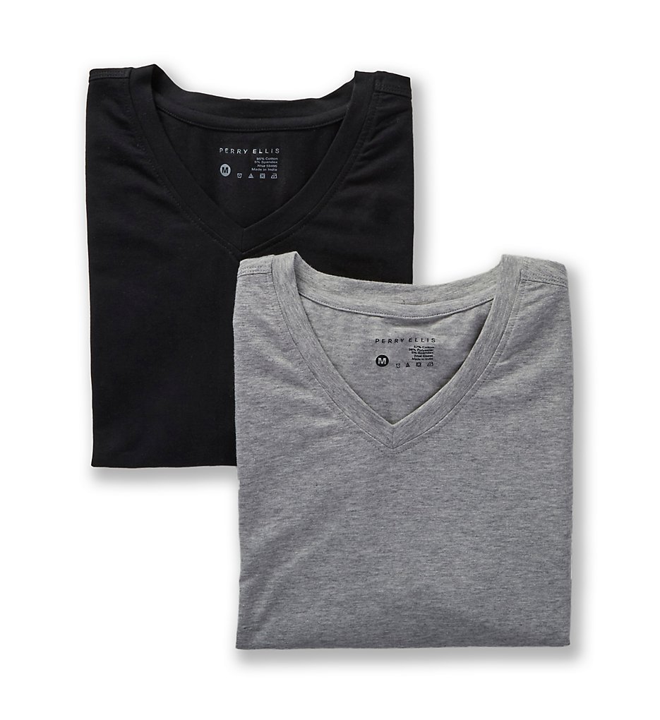 Perry Ellis 210002 Conformity Cotton Stretch V-Neck T Shirts - 2 Pack (Black)