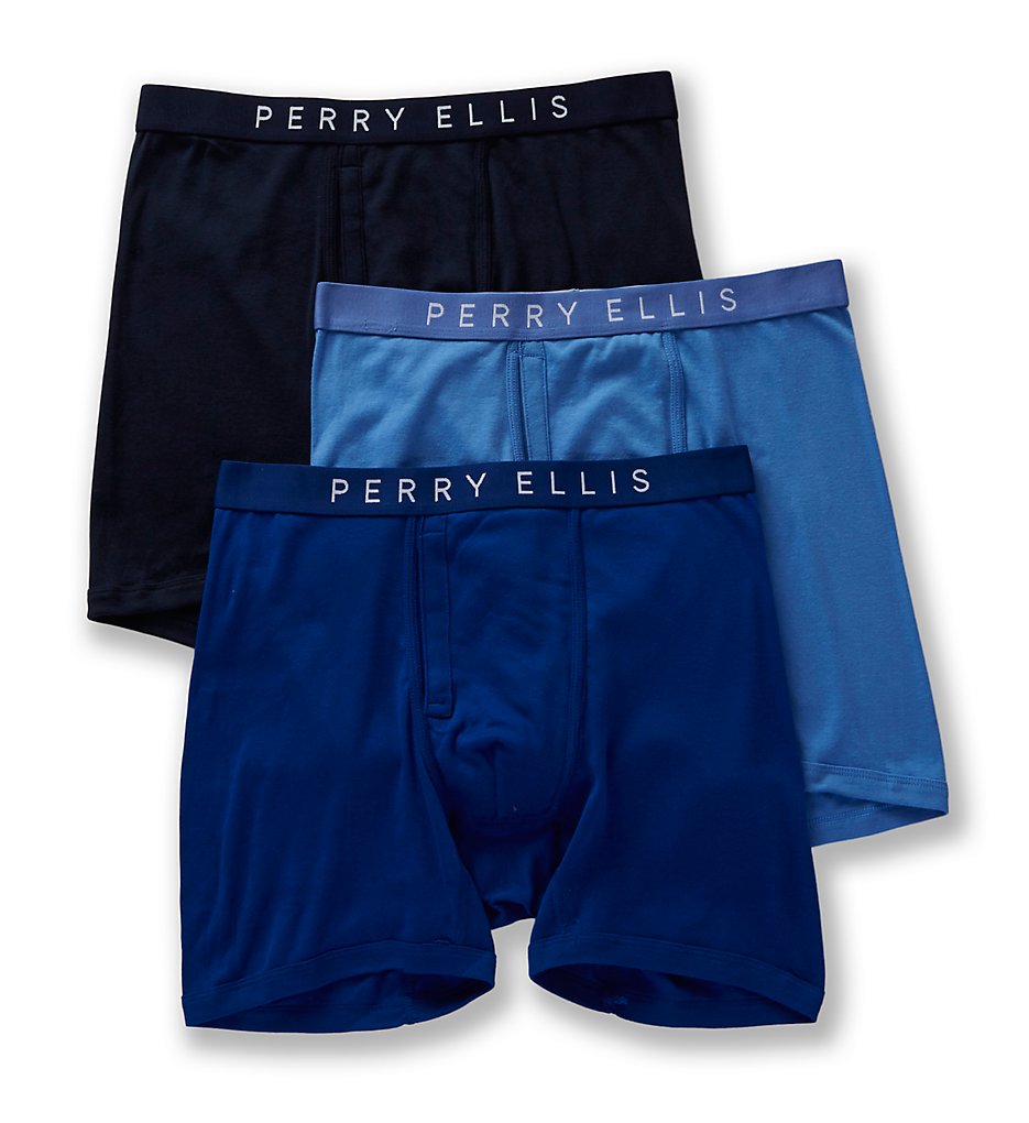 Perry Ellis 536108 Identity 100% Pure Cotton Boxer Briefs - 3 Pack (Blue Assort)