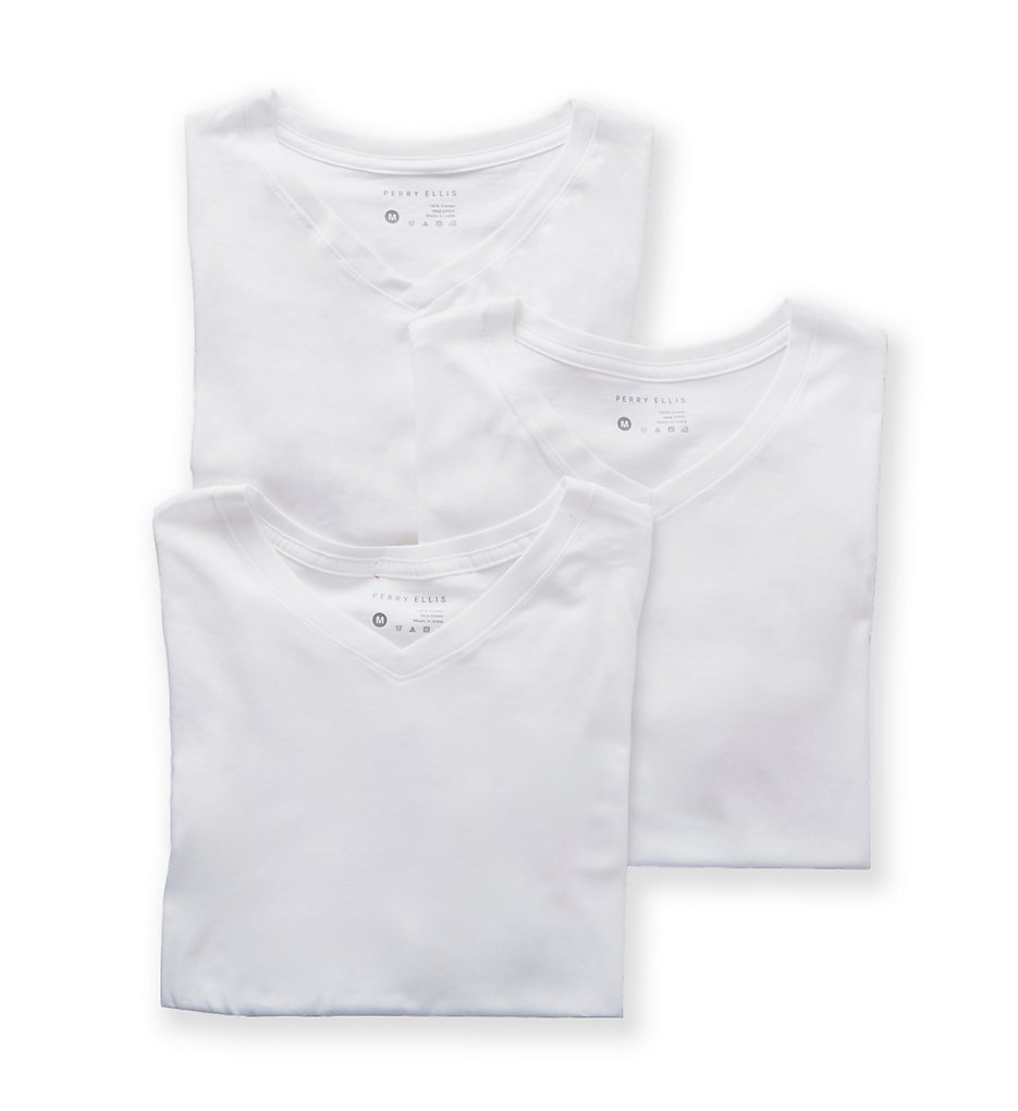 Perry Ellis 548107 Identity 100% Pure Cotton V-Neck T-Shirt - 3 Pack (White)