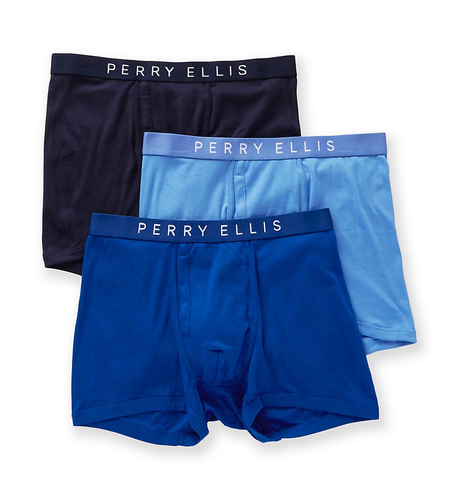 Perry Ellis 555107 Identity 100% Pure Cotton Trunks - 3 Pack (Blue Assort)