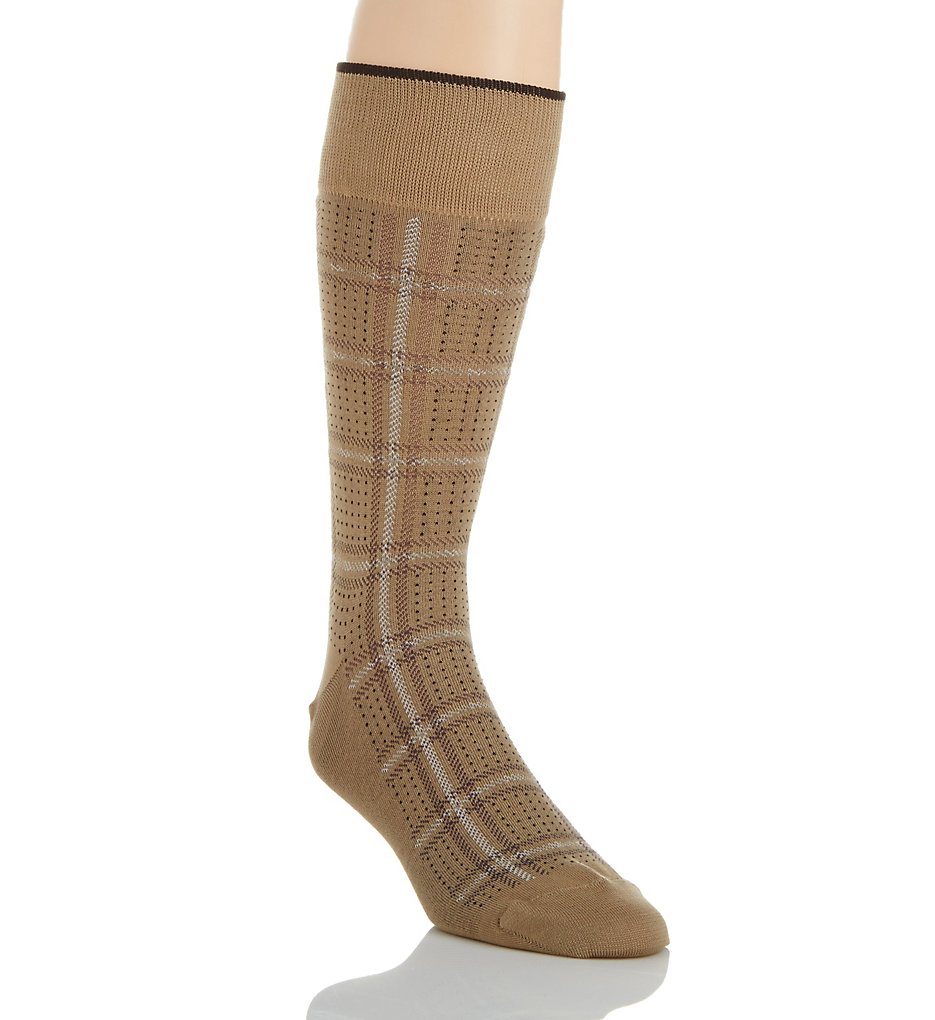 Perry Ellis 829242 Mercerized Cotton Plaid & Dot Luxury Sock (Khaki)