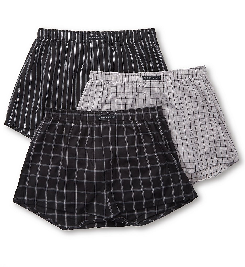 Perry Ellis 879779 100% Cotton Woven Boxers - 3 Pack (Black/Grey)