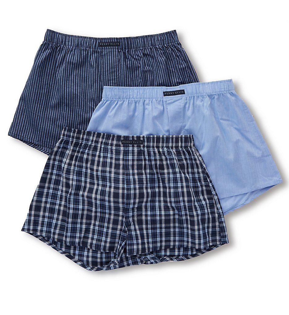 Perry Ellis 879781 100% Cotton Woven Boxers - 3 Pack (Navy/Blue)