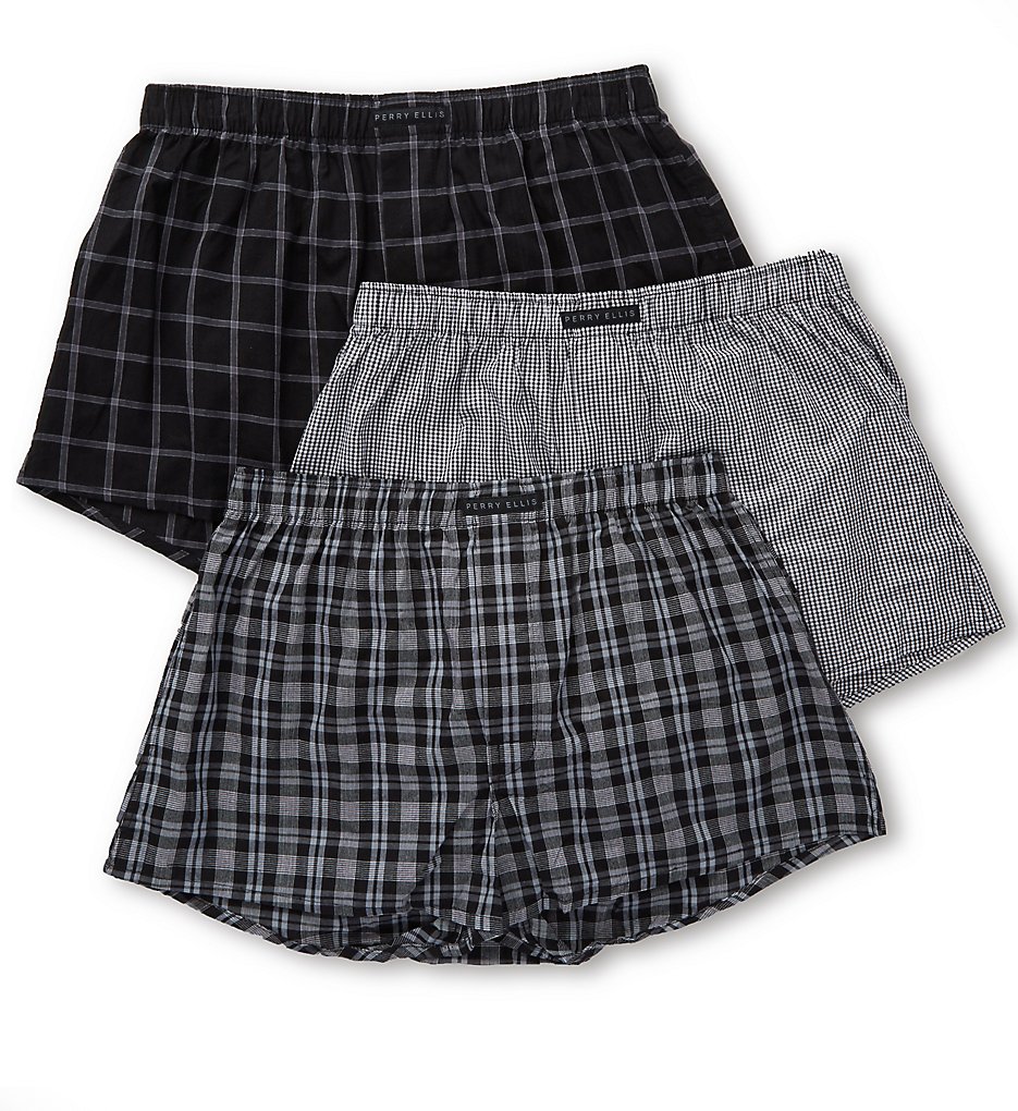 Perry Ellis 879783 100% Cotton Woven Boxers - 3 Pack (Black/White)
