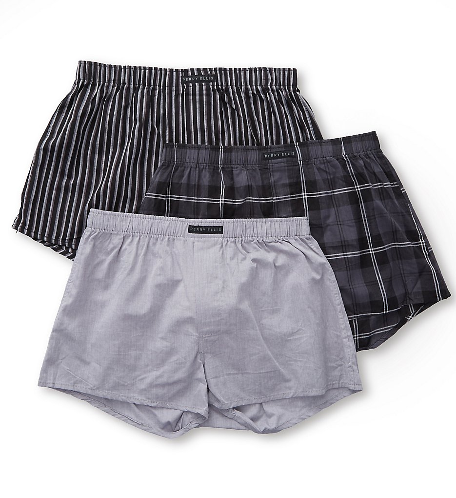 Perry Ellis 879786 100% Cotton Woven Boxers - 3 Pack (Black/Grey)