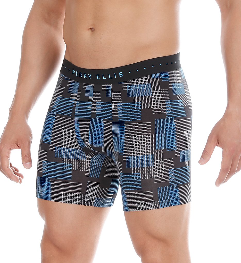Perry Ellis 960766 Luxe Digital Grid Plaid Boxer Briefs (Black/Blue Lagoon)