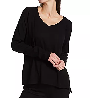 Rib Long Sleeve V-Neck with Side Slits Black M