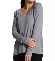 Rib Long Sleeve V-Neck with Side Slits Dark Silver S