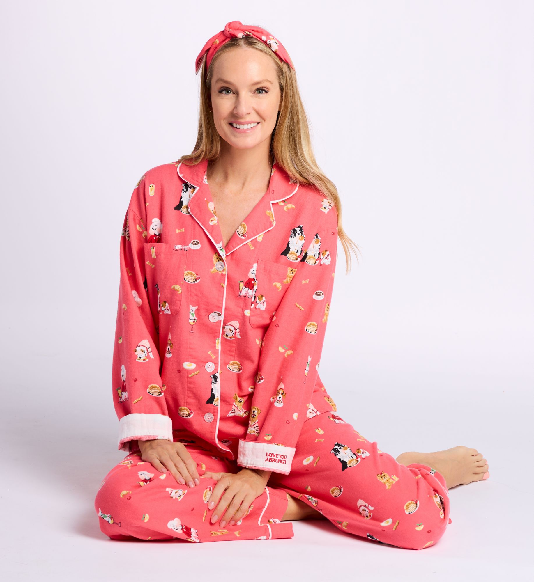 PJ Salvage Women's Love You A Brunch Flannel Pajama Set with Headband in Dark Coral | Size: Small | HerRoom.com