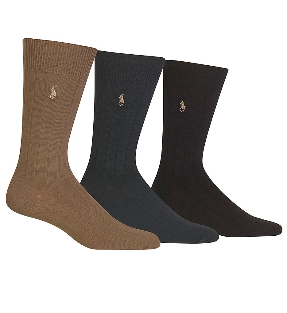Polo Ralph Lauren 8092 Casual Dress Ribbed Socks 3-Pack (Brown Assorted)