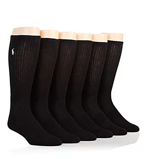 Rib Cuff Cushioned Crew Socks - 6 Pack Black O/S