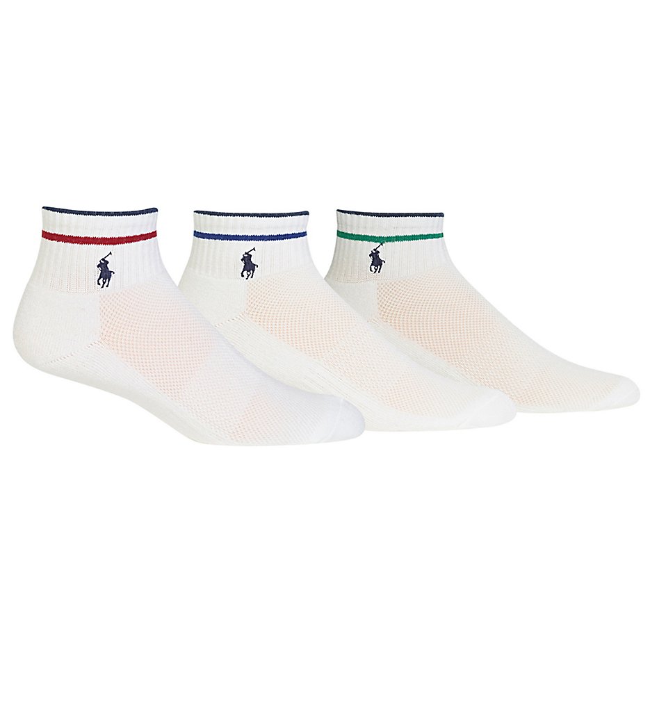 Polo Ralph Lauren 824058 Stripe Cuff Technical Quarter Top Socks - 3 Pack (White Assortment)