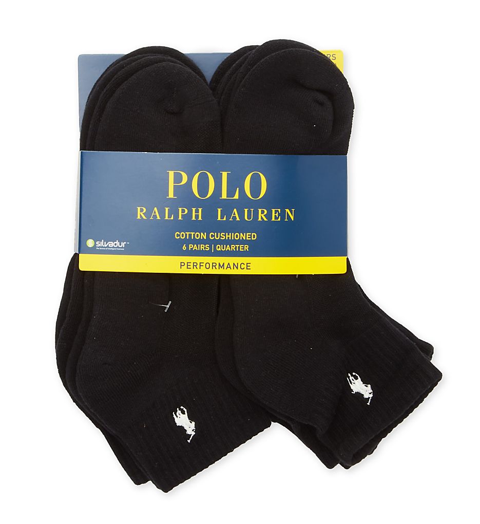 Rib Cuff Cushioned Quarter Socks - 6 Pack Black O/S