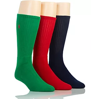 Cushioned Foot Ribbed Crew Sock - 3 Pack Green O/S