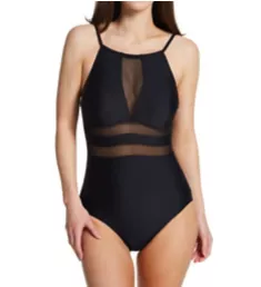 High Neck Mesh Insert Control One Piece Swimsuit Black S