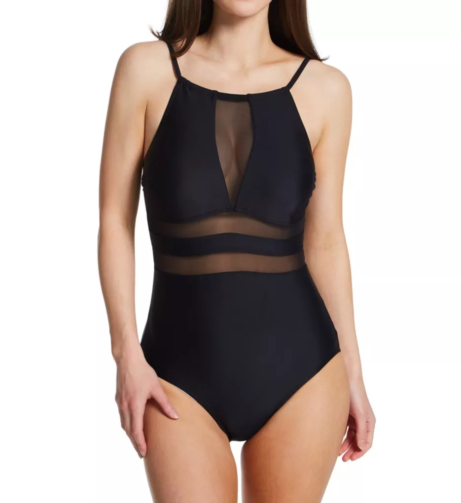 High Neck Mesh Insert Control One Piece Swimsuit