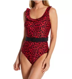 Control Frill Neck Belted One Piece Swimsuit Red Leopard XS