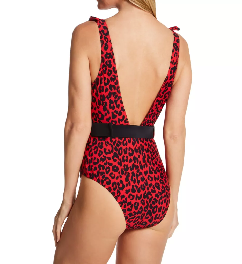 Control Frill Neck Belted One Piece Swimsuit Red Leopard XS