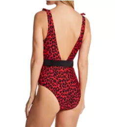 Control Frill Neck Belted One Piece Swimsuit Red Leopard XS